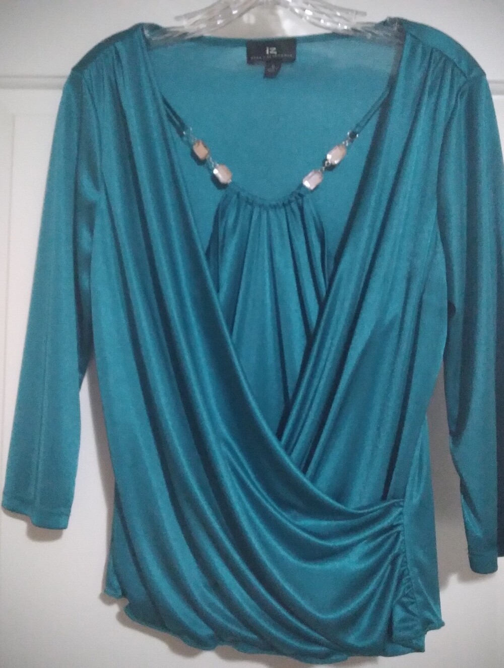 IZ Vintage Teal Satin-Like Top with Built-In Jewel Accent